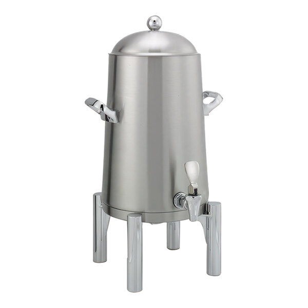 A brushed stainless steel Service Ideas Thermo-Urn with handles and a lid.
