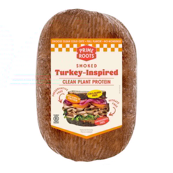 A large chub of Prime Roots vegan smoked turkey-inspired plant protein deli meat.