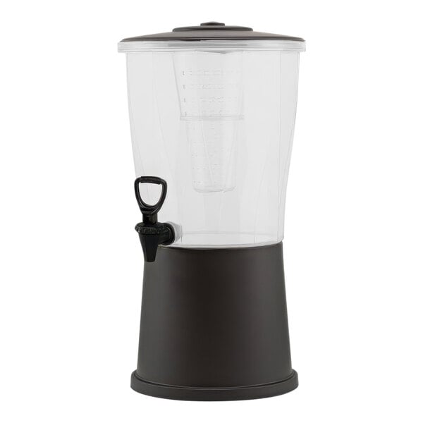 A black plastic Service Ideas beverage dispenser with a plastic infuser tube and lid.