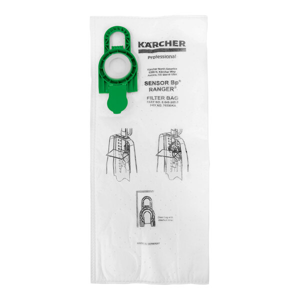 A white bag with green text and a green clip for Karcher upright vacuums.