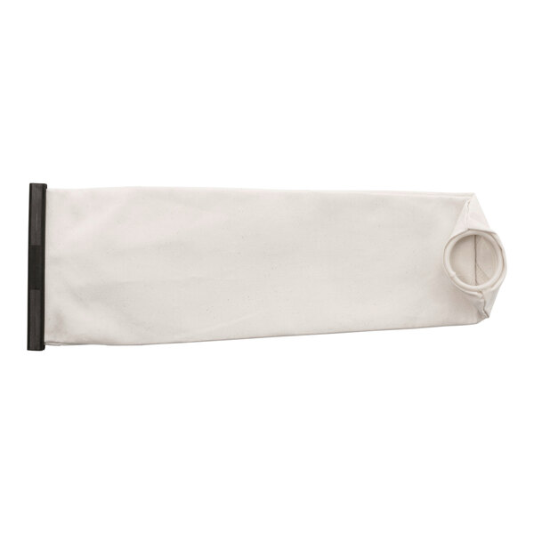 A white rectangular fabric filter bag with a black handle on it.