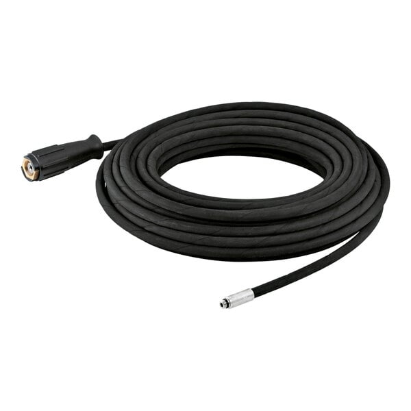 A coiled black Karcher pressure washer hose with a white connector and a handle.