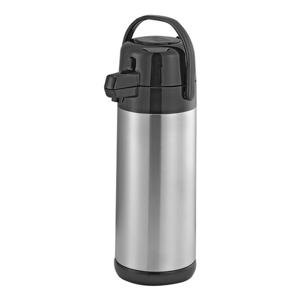 A silver stainless steel airpot with a black lid.