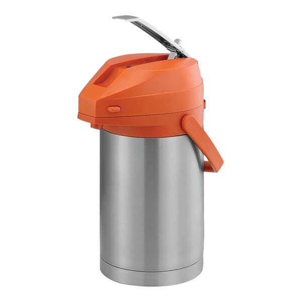 A stainless steel Service Ideas airpot with a brushed finish and orange lever and lid.