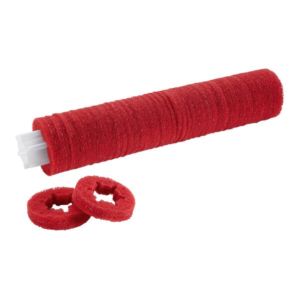 A red cylindrical scrub pad with two rings on it.