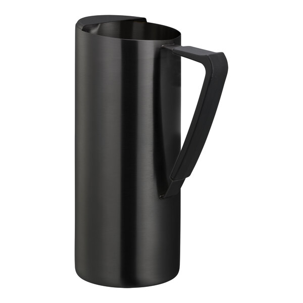 A slim black onyx stainless steel pitcher with a handle and spout.