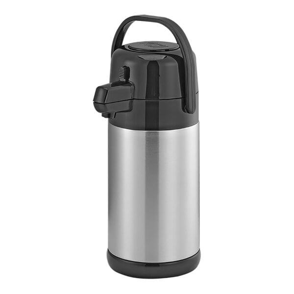 A stainless steel Service Ideas Eco-Air airpot with black and silver accents.