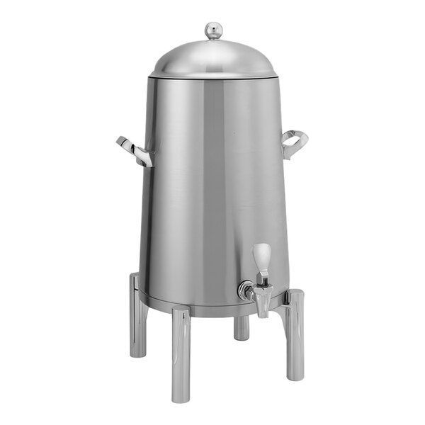 A brushed stainless steel Service Ideas Flame Free Thermo-Urn coffee chafer urn with a lid.