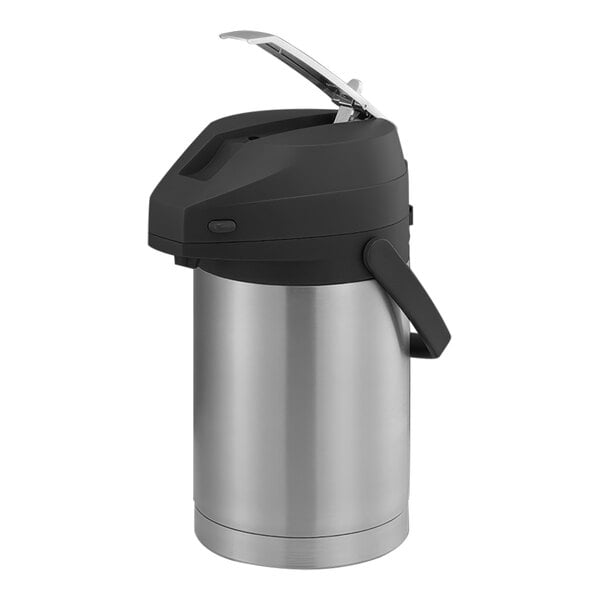 A brushed stainless steel Service Ideas airpot with a black lid.