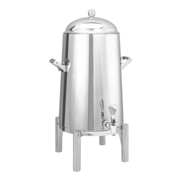 A polished stainless steel Service Ideas Flame Free Thermo-Urn coffee chafer urn with two handles and a lid.