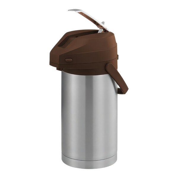 A stainless steel Service Ideas airpot with a brown lever top.