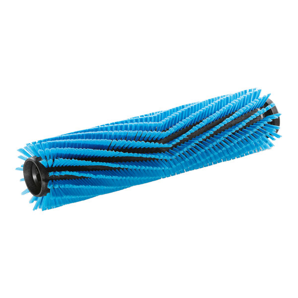 A close up of a blue cylindrical brush with black bristles.