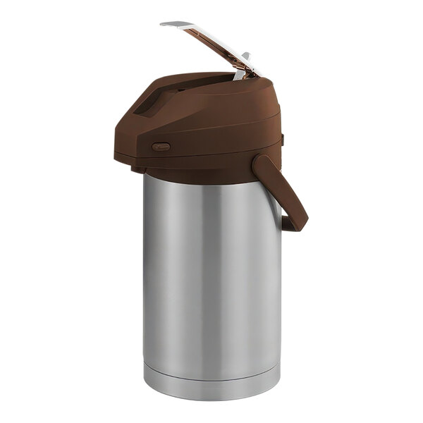 A stainless steel Service Ideas airpot with a brown lid.