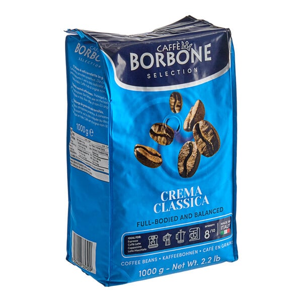 A blue bag of Caffe Borbone Crema Classica whole bean coffee with a white label.