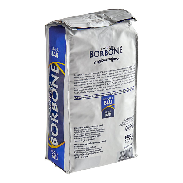 A white bag of Caffe Borbone whole bean espresso with blue text.