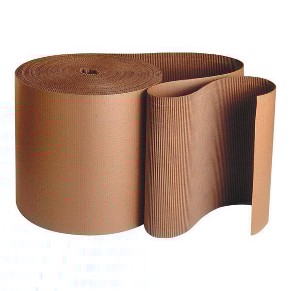 A roll of brown corrugated cardboard with paper on the outside.