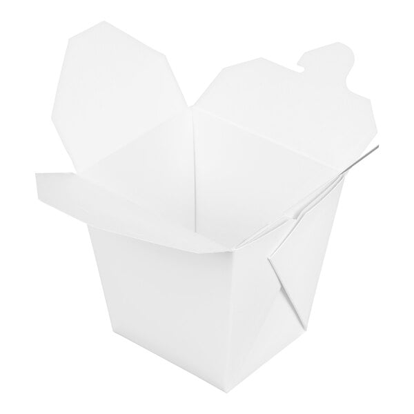 A white Fold-Pak take-out box with a lid.
