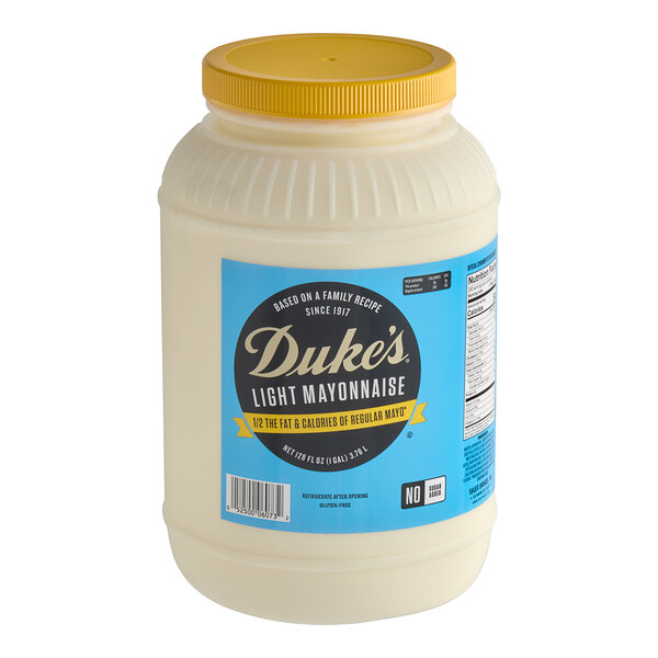A white plastic container of Duke's Light Mayonnaise with a blue label.