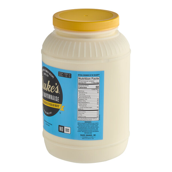 A white plastic container of Duke's Light Mayonnaise with a yellow and blue label.