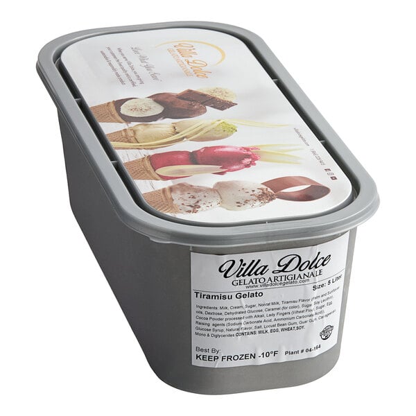A white container of Villa Dolce Tiramisu Gelato.