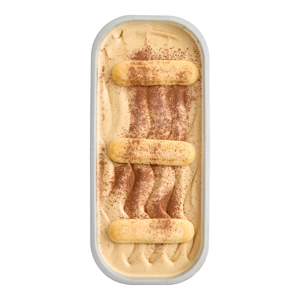 A container of Villa Dolce Tiramisu Gelato with cookies on top.