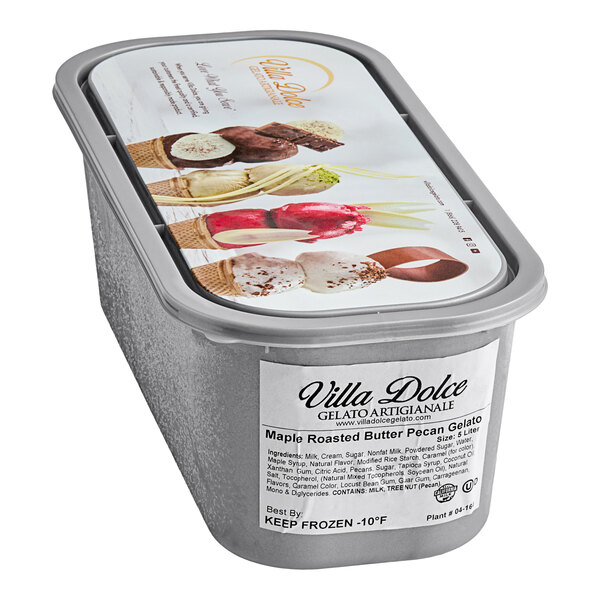 A white container of Villa Dolce Maple-Roasted Butter Pecan Gelato with a lid.