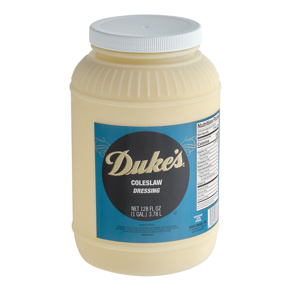 A white jug of Duke's Coleslaw Dressing with a blue label.