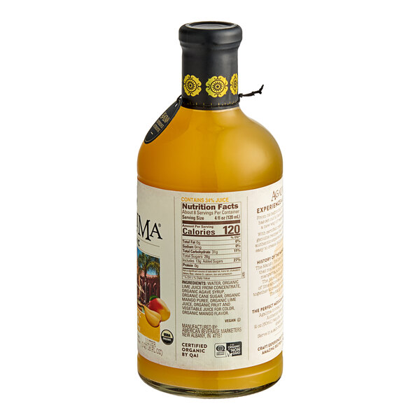A bottle of Agalima organic mango margarita mix with a label.