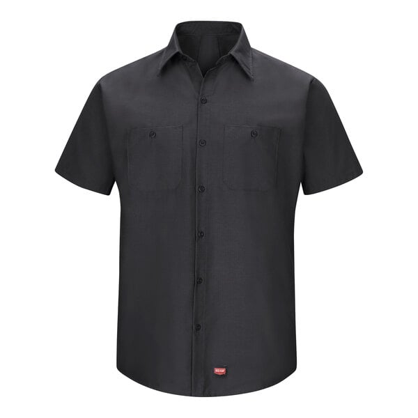 A Red Kap black short sleeve work shirt with MIMIX flex panels and buttons.
