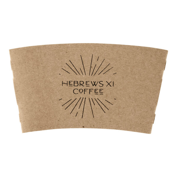 A brown kraft HeBrews XI Coffee cup sleeve with black text.