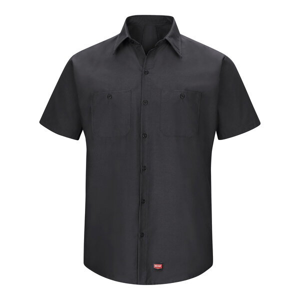 A black Red Kap short sleeve work shirt with buttons.
