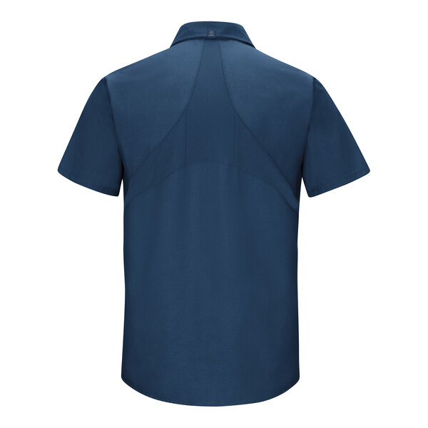 A Red Kap men's short sleeve navy work shirt with MIMIX flex panels.