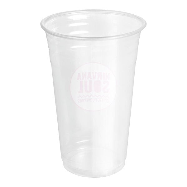 A clear plastic Nirvana Soul cold cup with a logo.