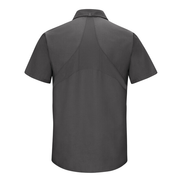 The back of a Red Kap men's charcoal work shirt with MIMIX flex panels.