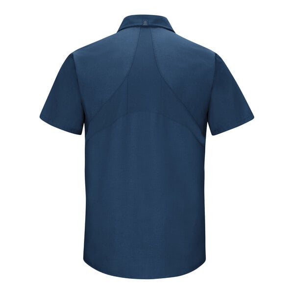A Red Kap men's short sleeve navy work shirt with MIMIX flex panels.