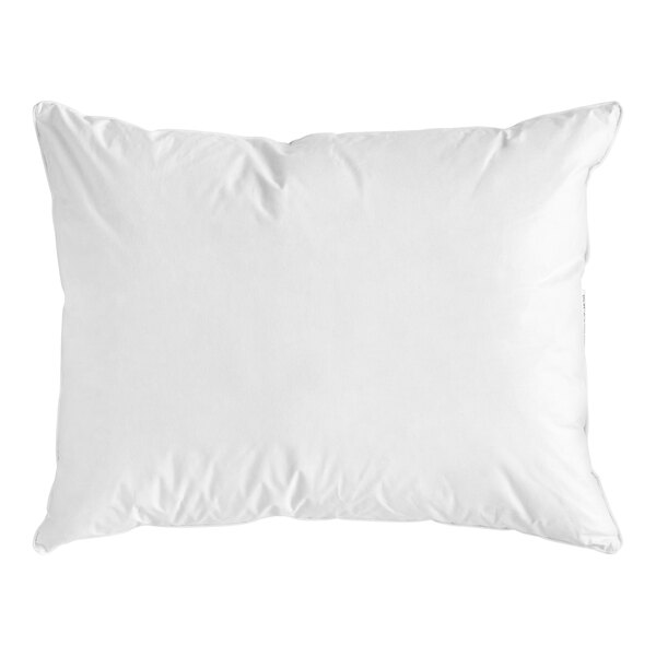 A white queen size pillow with a cotton cover, filled with a 50% feather and 50% down blend.