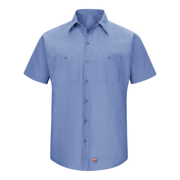 A Red Kap men's short sleeve light blue work shirt.