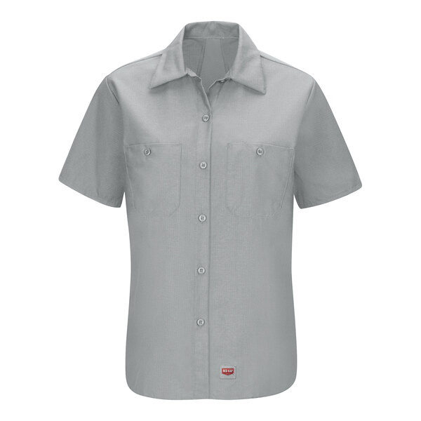 A Red Kap women's grey short sleeve work shirt with MIMIX flex panels and buttons.