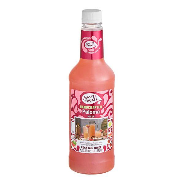 A bottle of Master of Mixes Paloma Mix with a pink lid filled with pink liquid.