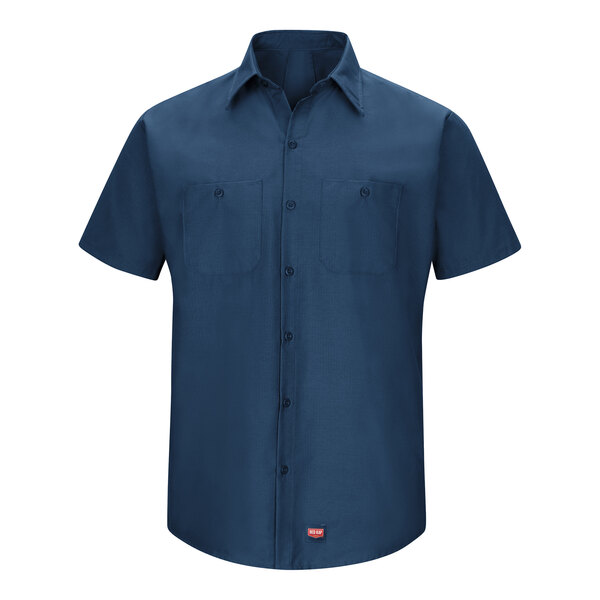 A Red Kap navy blue short sleeved work shirt with buttons.