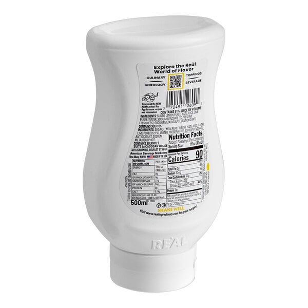 A white plastic bottle of Real Yuzu Puree Infused Syrup with black text.