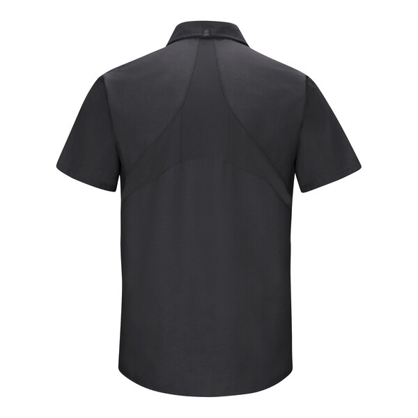 A Red Kap men's black short sleeve work shirt with a collar.