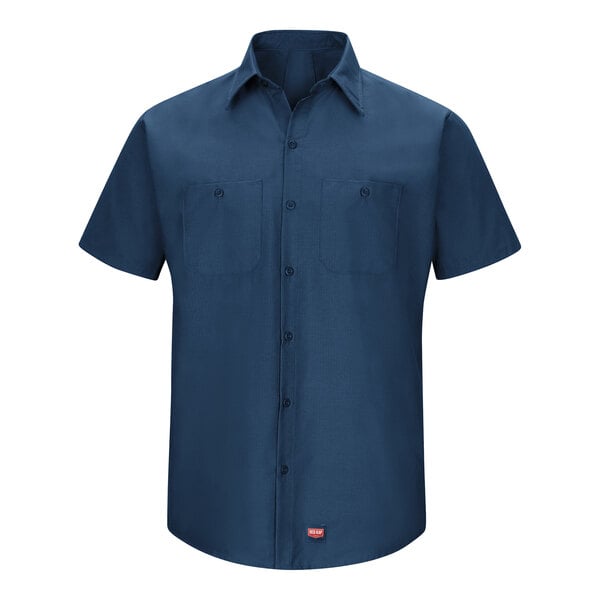 A Red Kap navy short sleeve work shirt with blue accents and buttons.