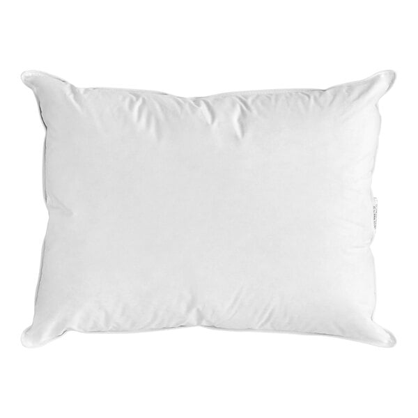 A standard size white pillow with a cotton cover, filled with 95% feather and 5% down.
