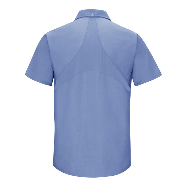 The back of a Red Kap men's light blue short sleeve work shirt.