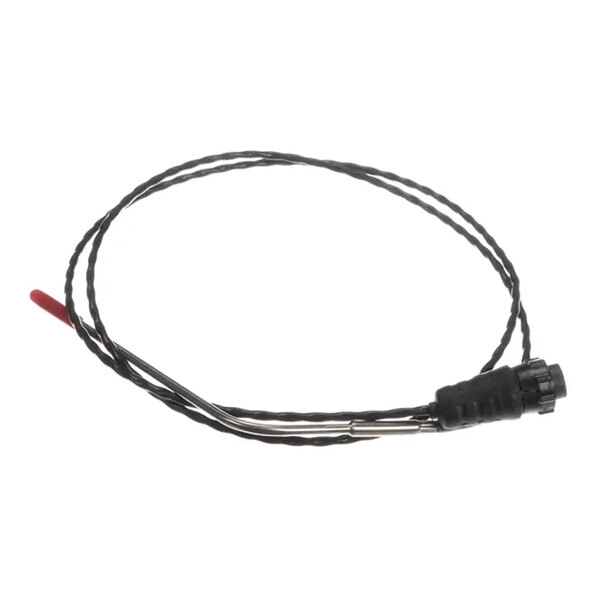 A black cable with a red handle.