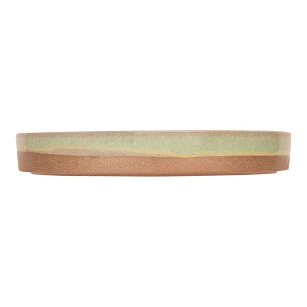 A close up of a mint green Cosy & Trendy stoneware plate with a brown border.