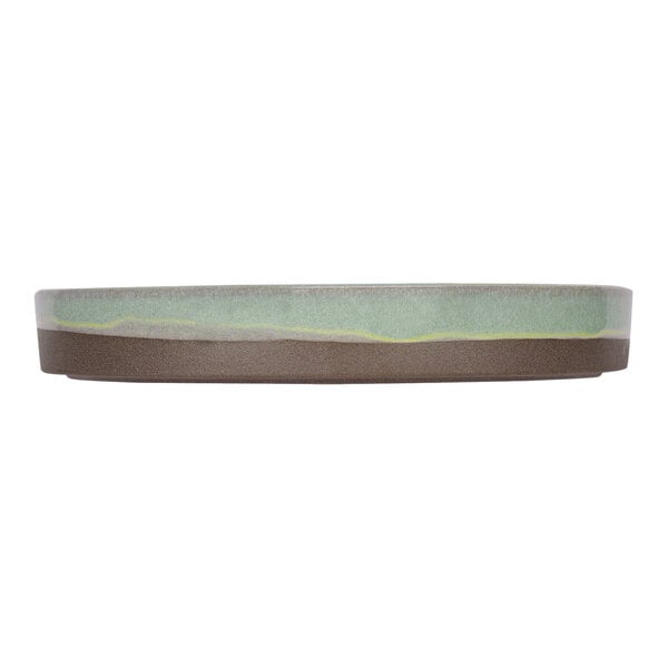 A round, shallow plate with a brown base and a mint green upper edge, viewed from the side.