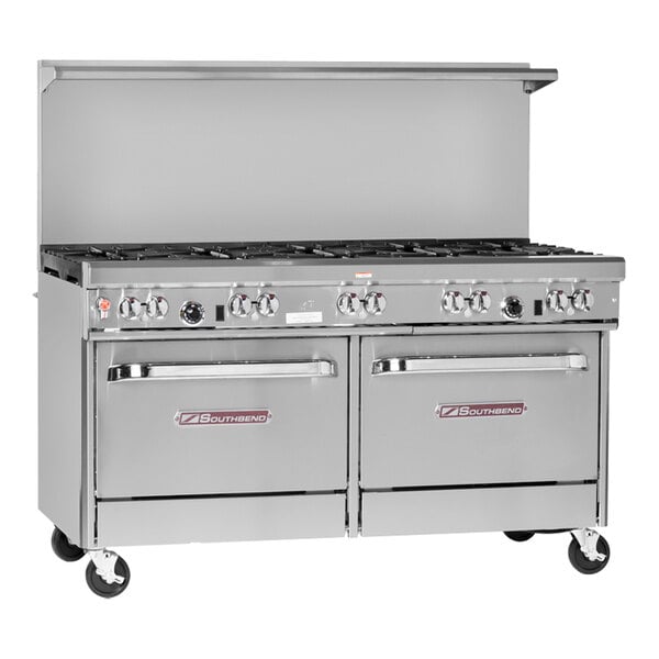 A large stainless steel Southbend gas range with 10 burners and 2 ovens.