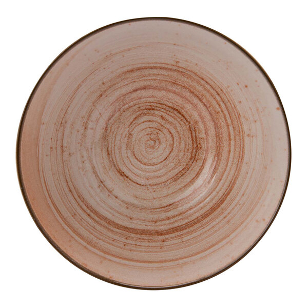 A close-up of a brown terracotta stoneware bowl with a spiral design.